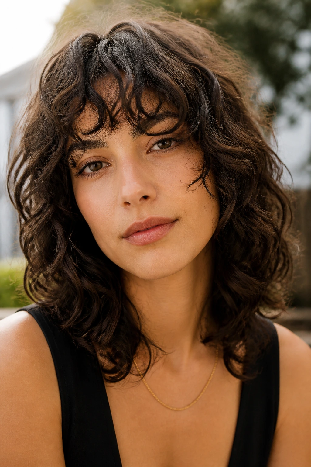 Close-up portrait of a woman with curly shag and bangs