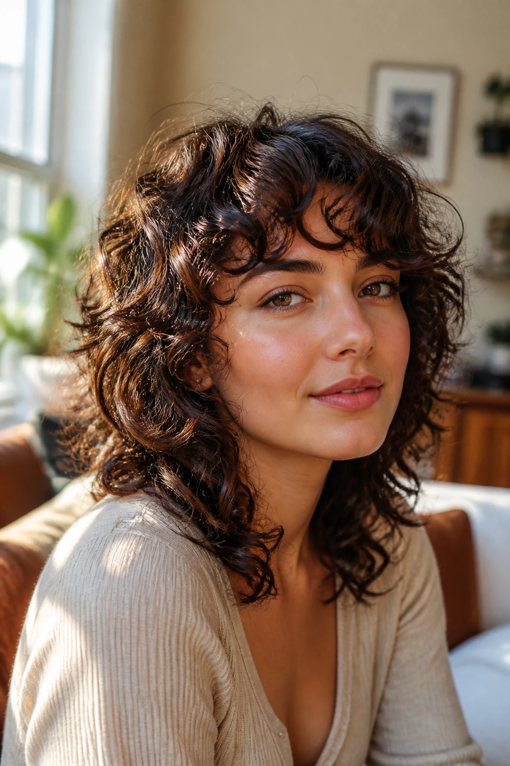 Close-up of a real woman with curly shag and soft curled bangs in warm window light