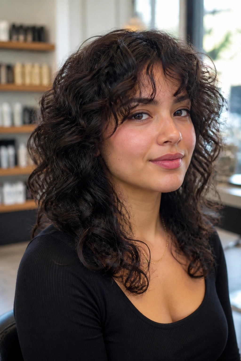 Close-up of a real woman with curly shag and curtain bangs