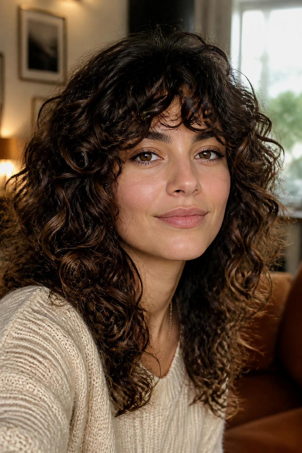 Close-up portrait of a real person with curly shag and bangs in warm window light