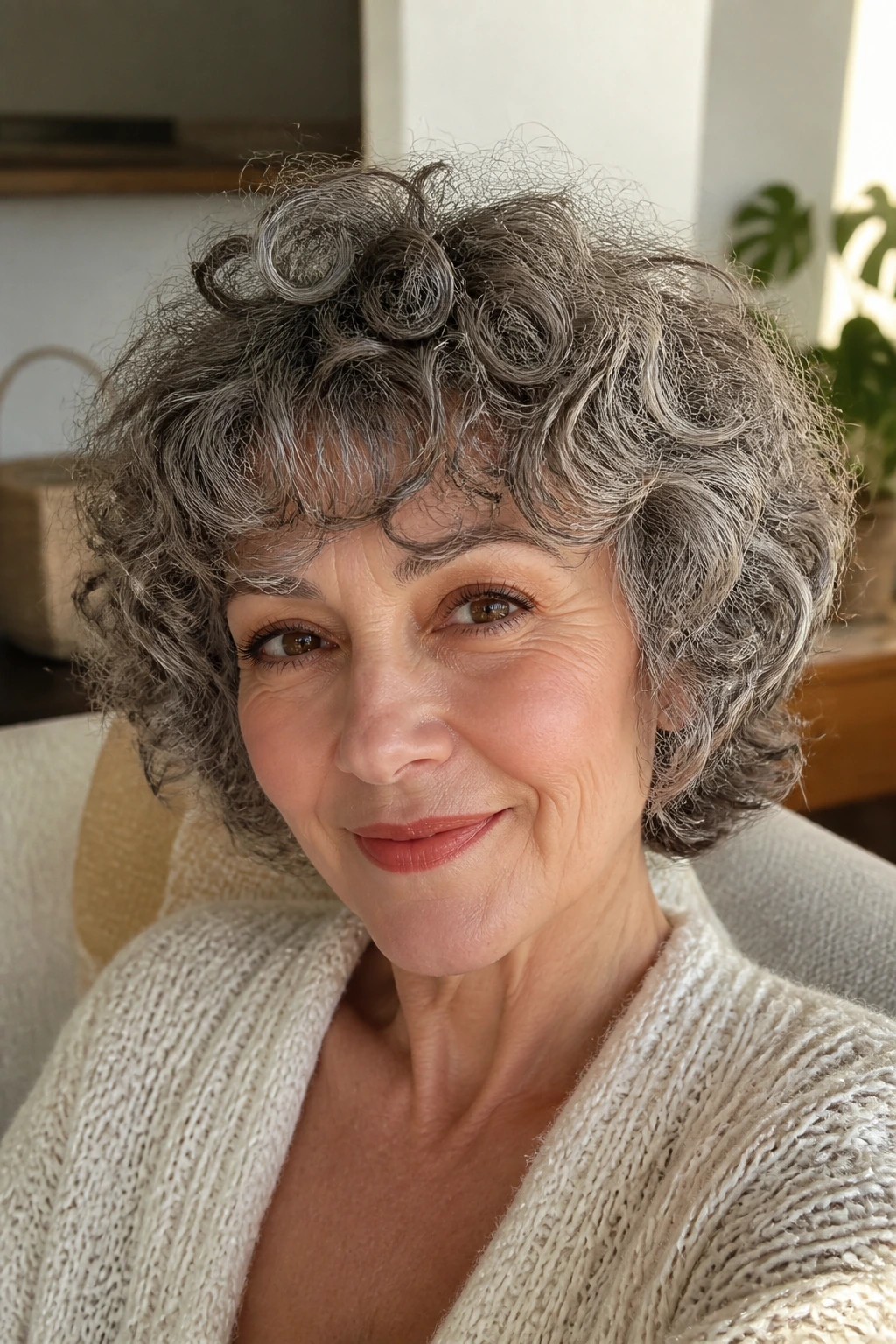 Portrait of a woman with short curly shag and curly bangs