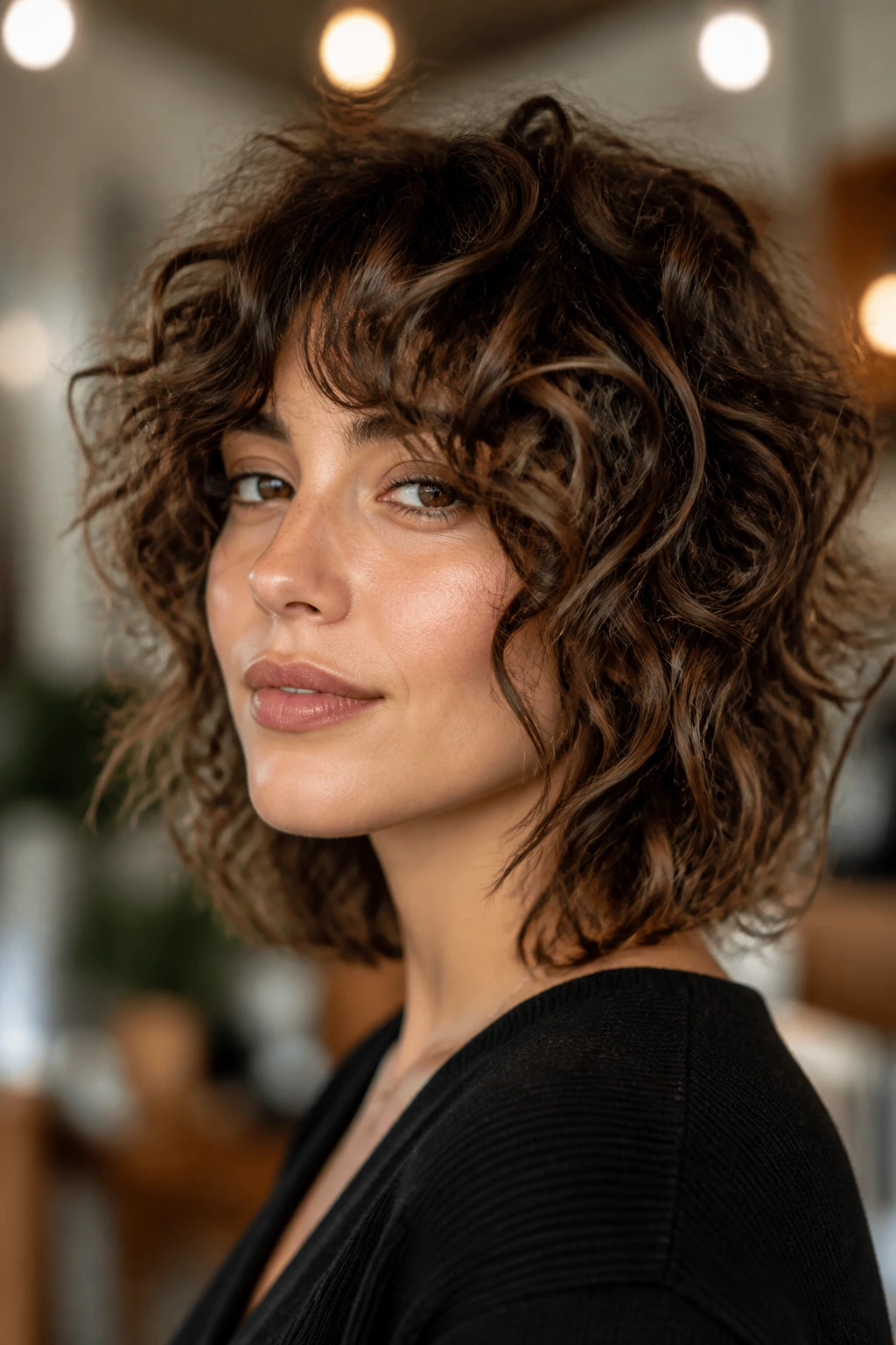 Real woman wearing a curly shag bob with cheekbone-length front pieces