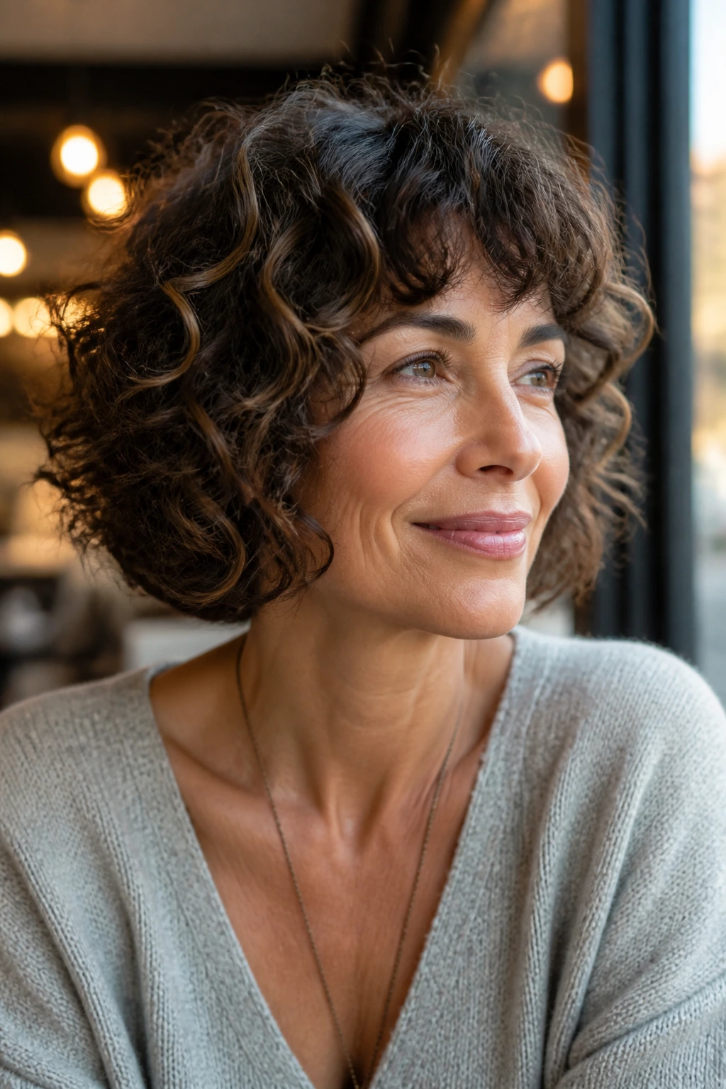 Portrait of a real person with curly shag bob hairstyle