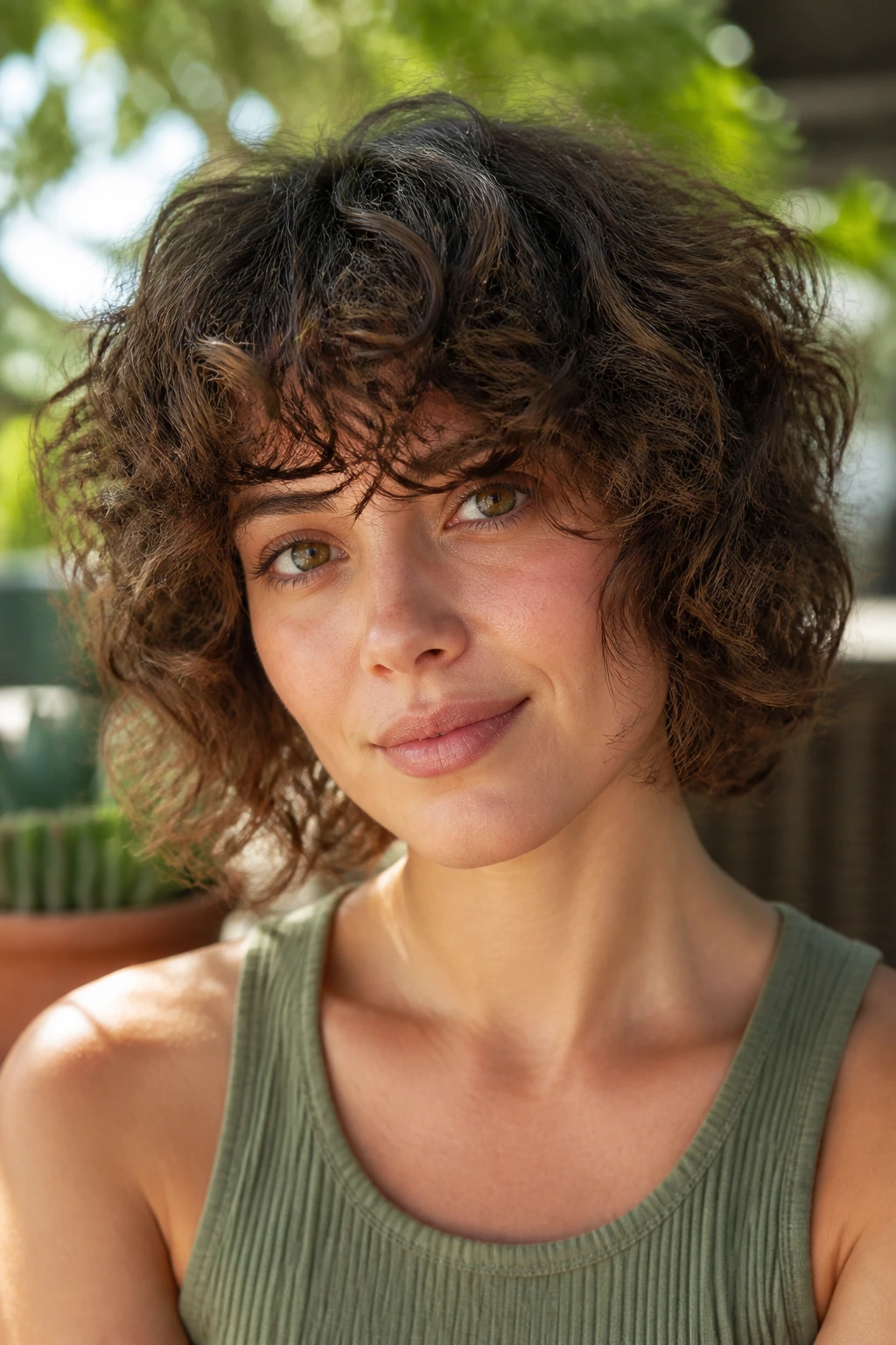 Close-up of a real woman with curly shag bob and curl-skimming fringe outdoors.