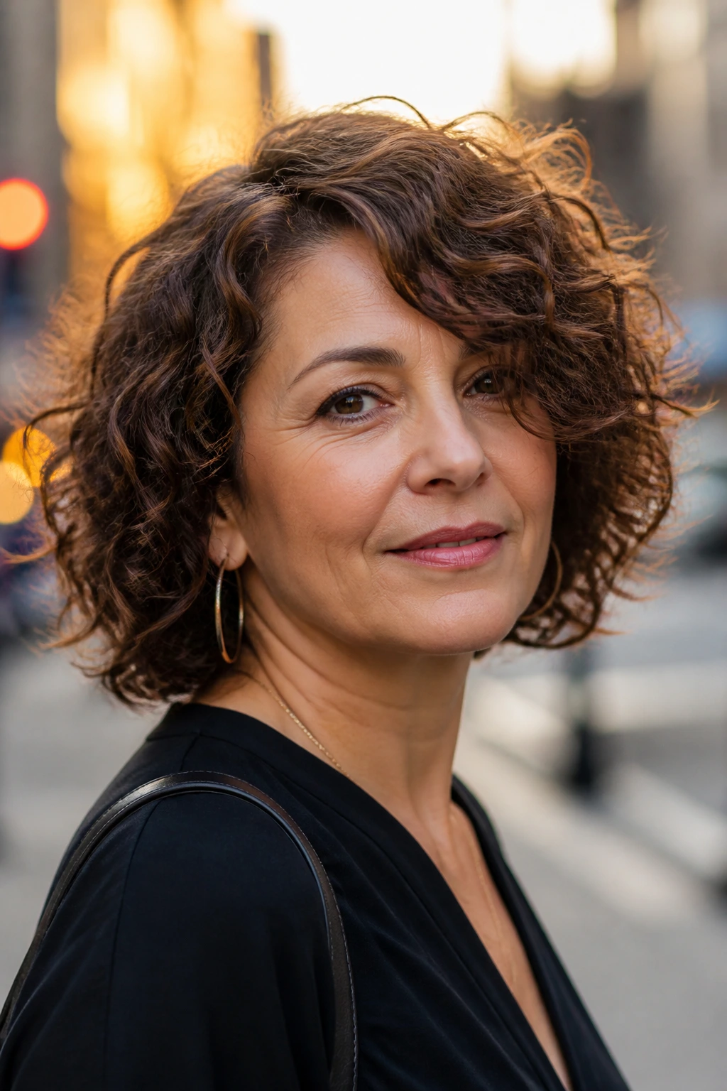 Close-up of a woman with a curly shag bob and a deep side sweep on an urban street at golden hour.