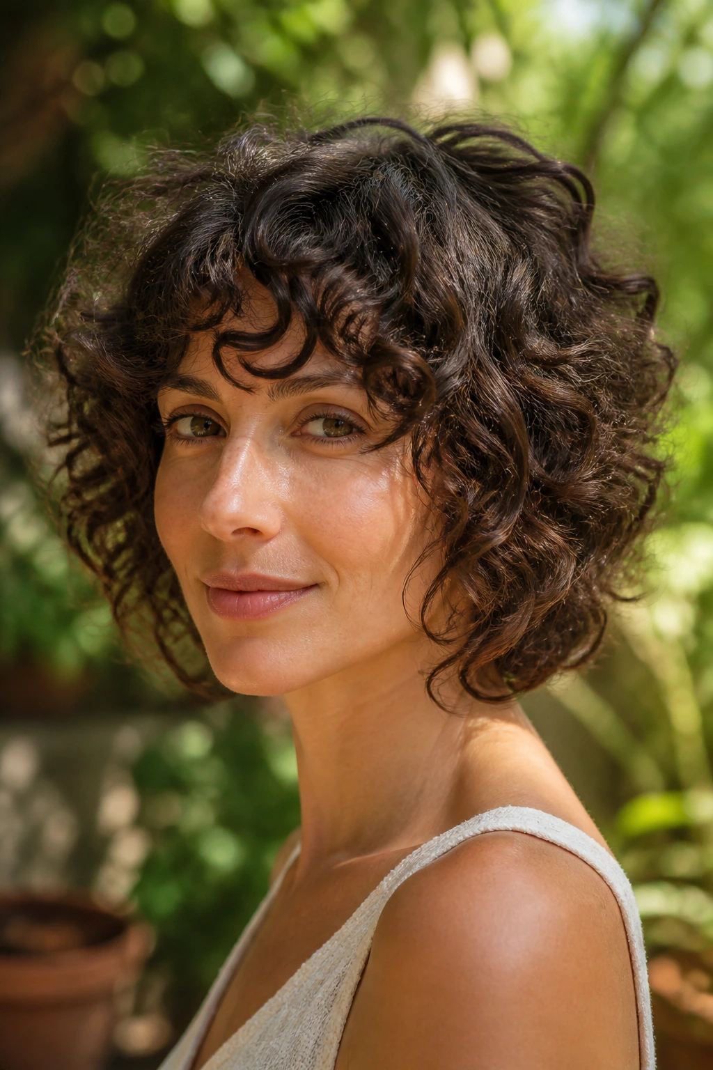 Real woman with curly shag bob for fine curls in a sunlit garden
