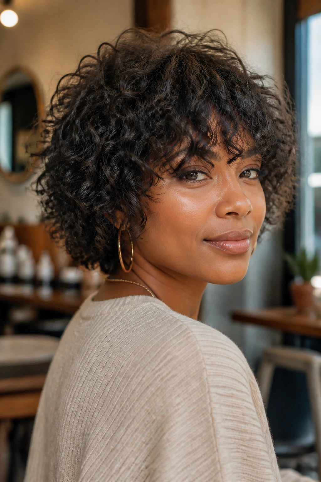 Portrait of a real woman with Curly Shag Bob showing perimeter curls moving with the curl pattern