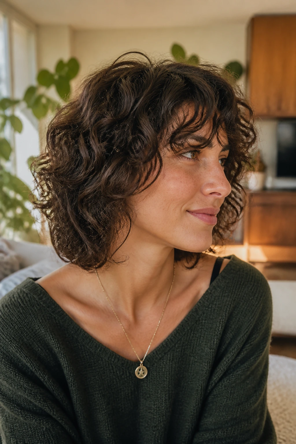 Portrait of a real woman with curly shag bob showing layered perimeter and airy movement.
