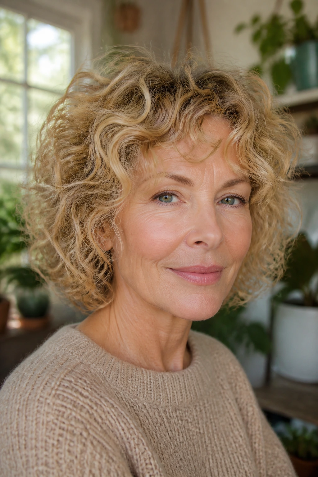 Close-up of a real woman with curly shag bob and soft layers