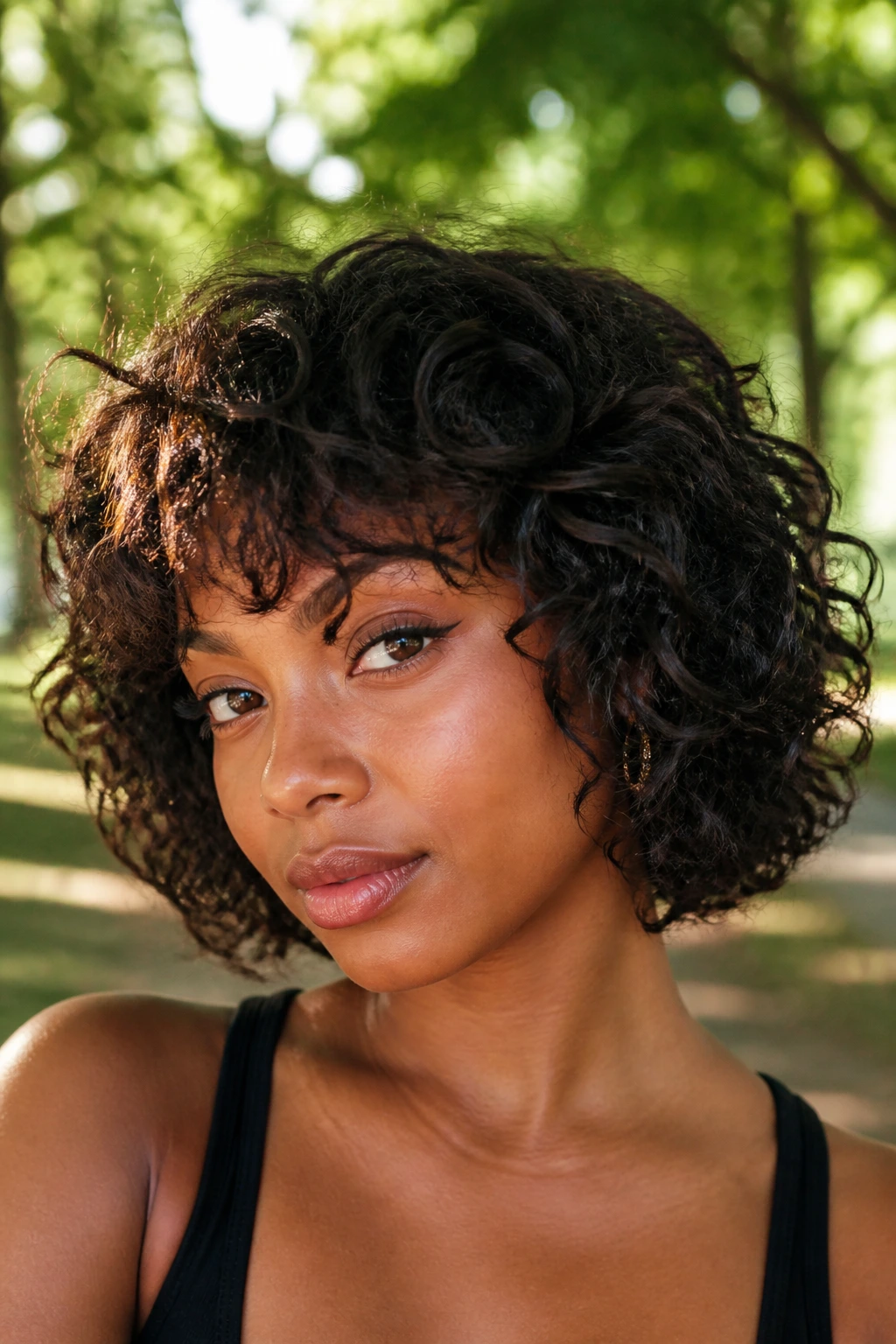 Close-up of a real woman with curly shag bob outdoors in a park