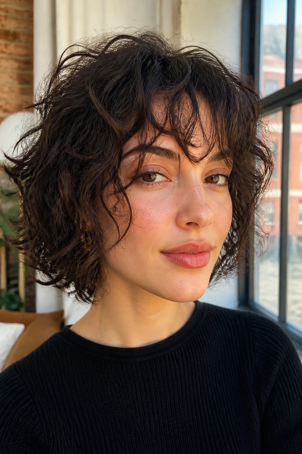 Close-up of real person with curly shag bob and piecey bangs