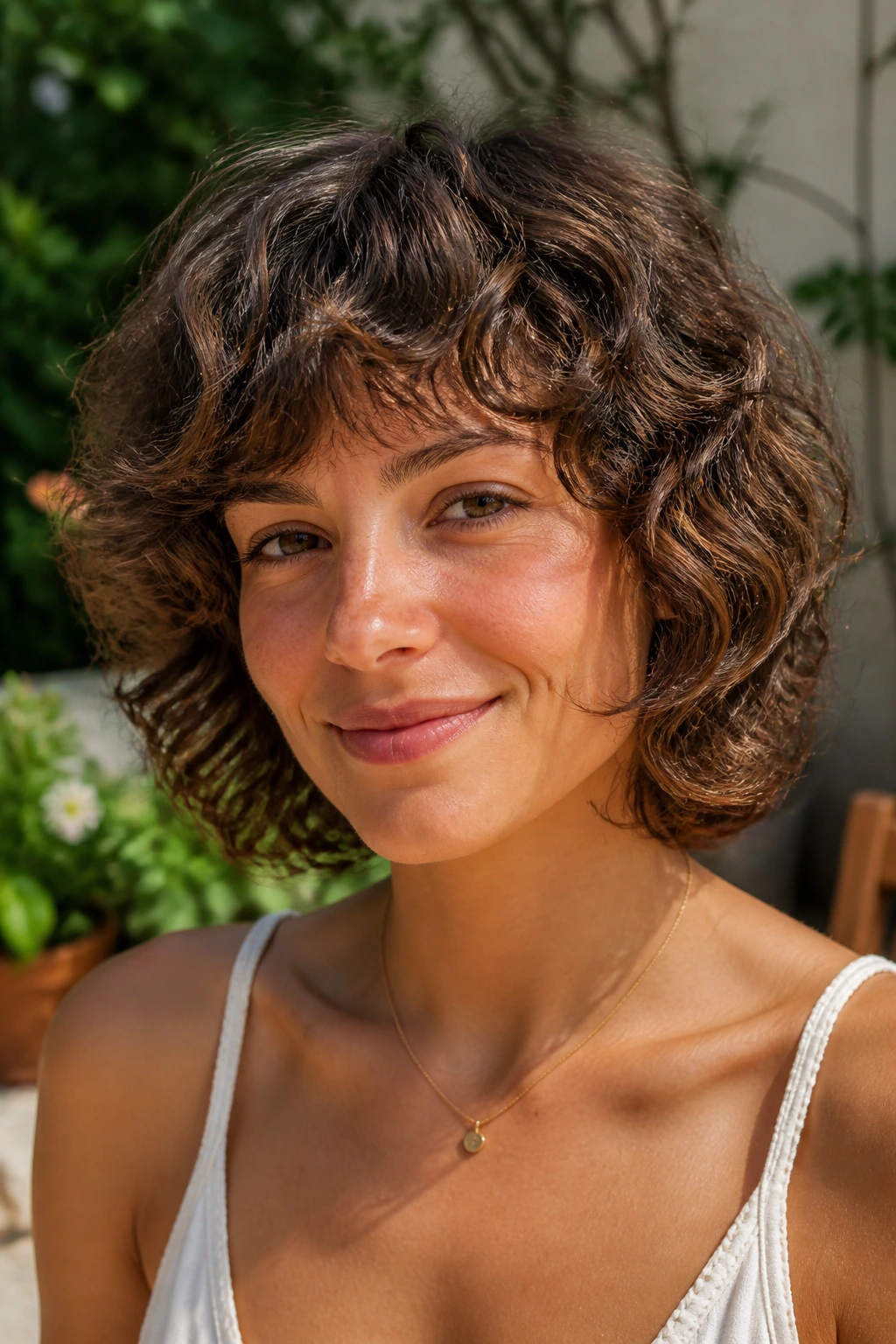 Portrait of a woman with curly shag bob and rounded layers