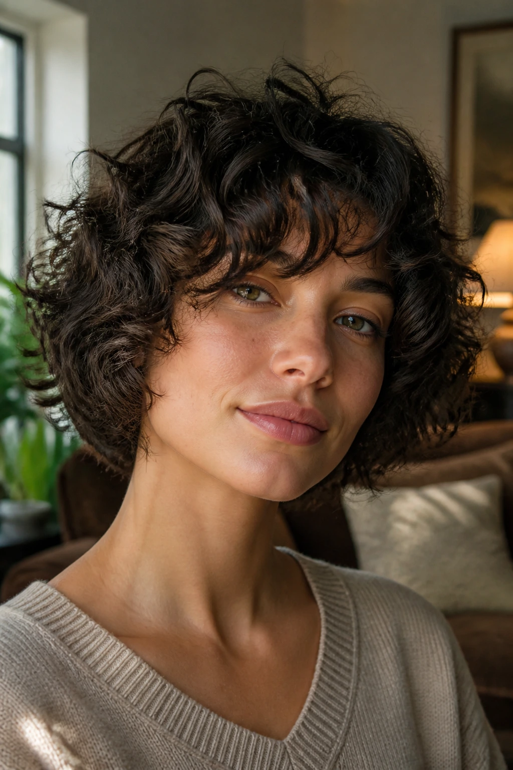 Portrait of a person with curly shag bob and soft layers in a cozy room