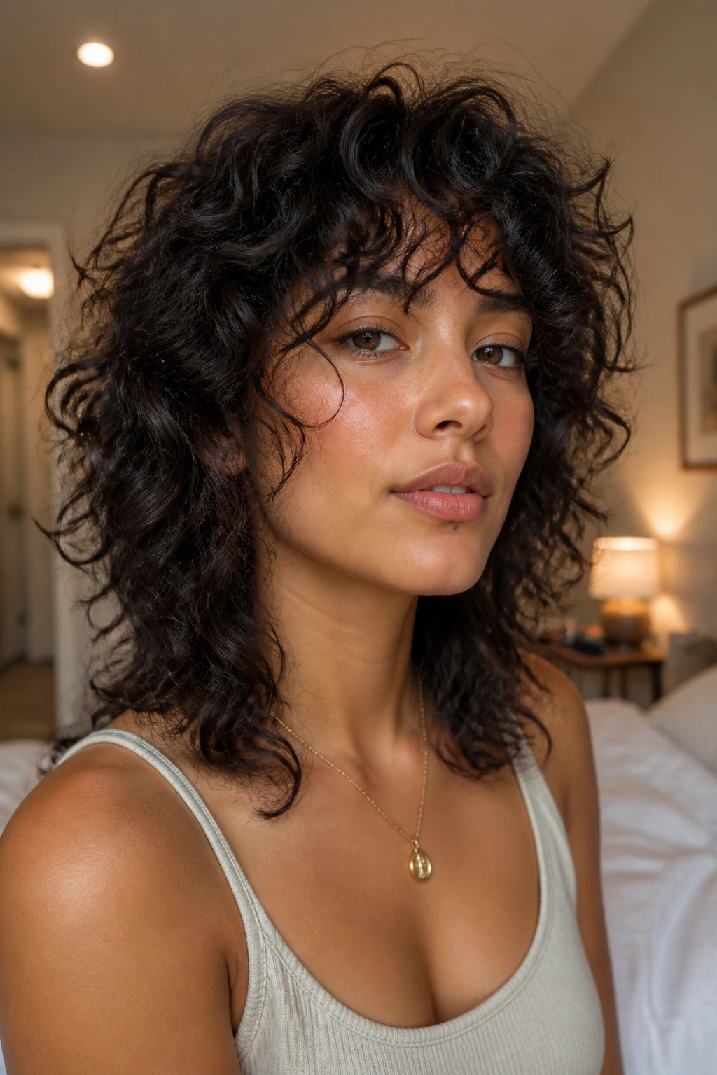 Real person with curly shag hair that breathes after a cut