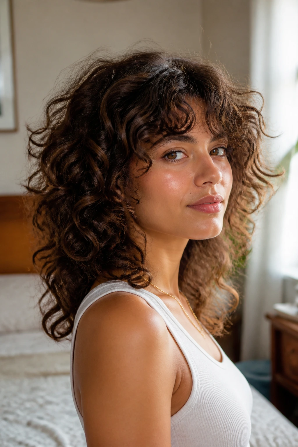 Close-up of a woman with curly shag carved layers, crown lift in soft window light