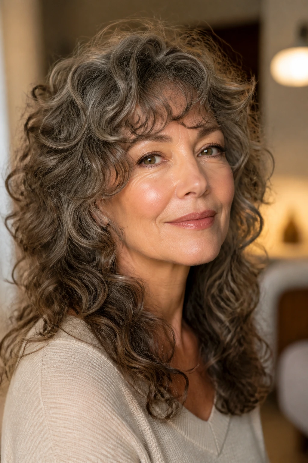Real woman with curly shag and cheekbone lift