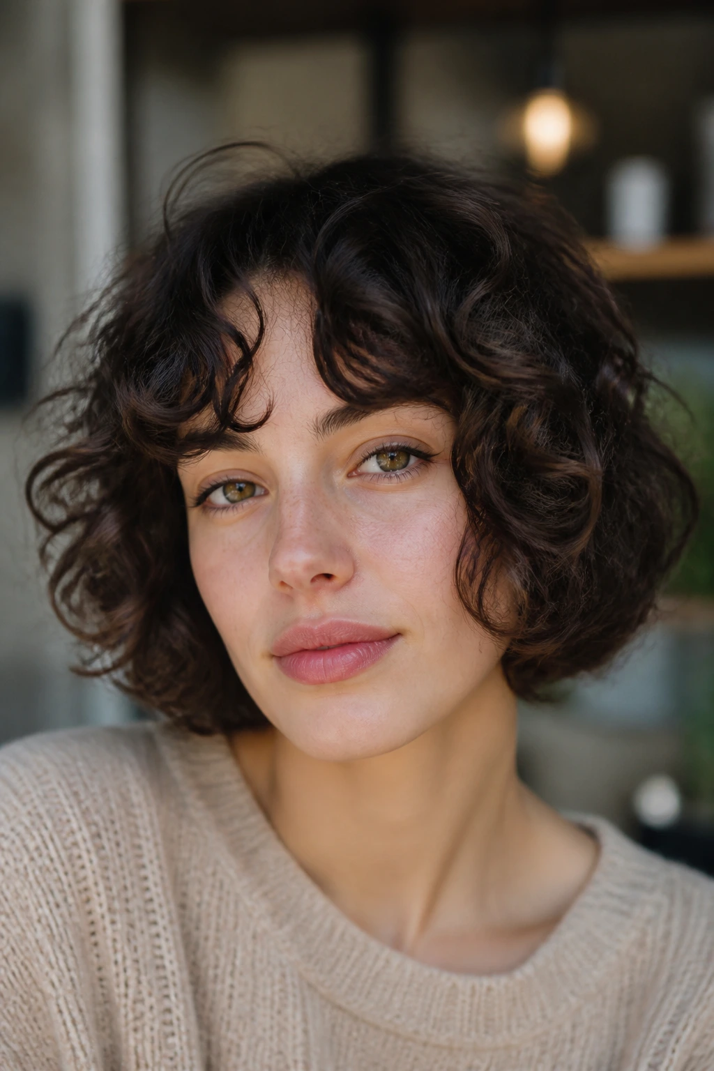 Close-up of a real woman with chin-length curly shag and curtain bangs.