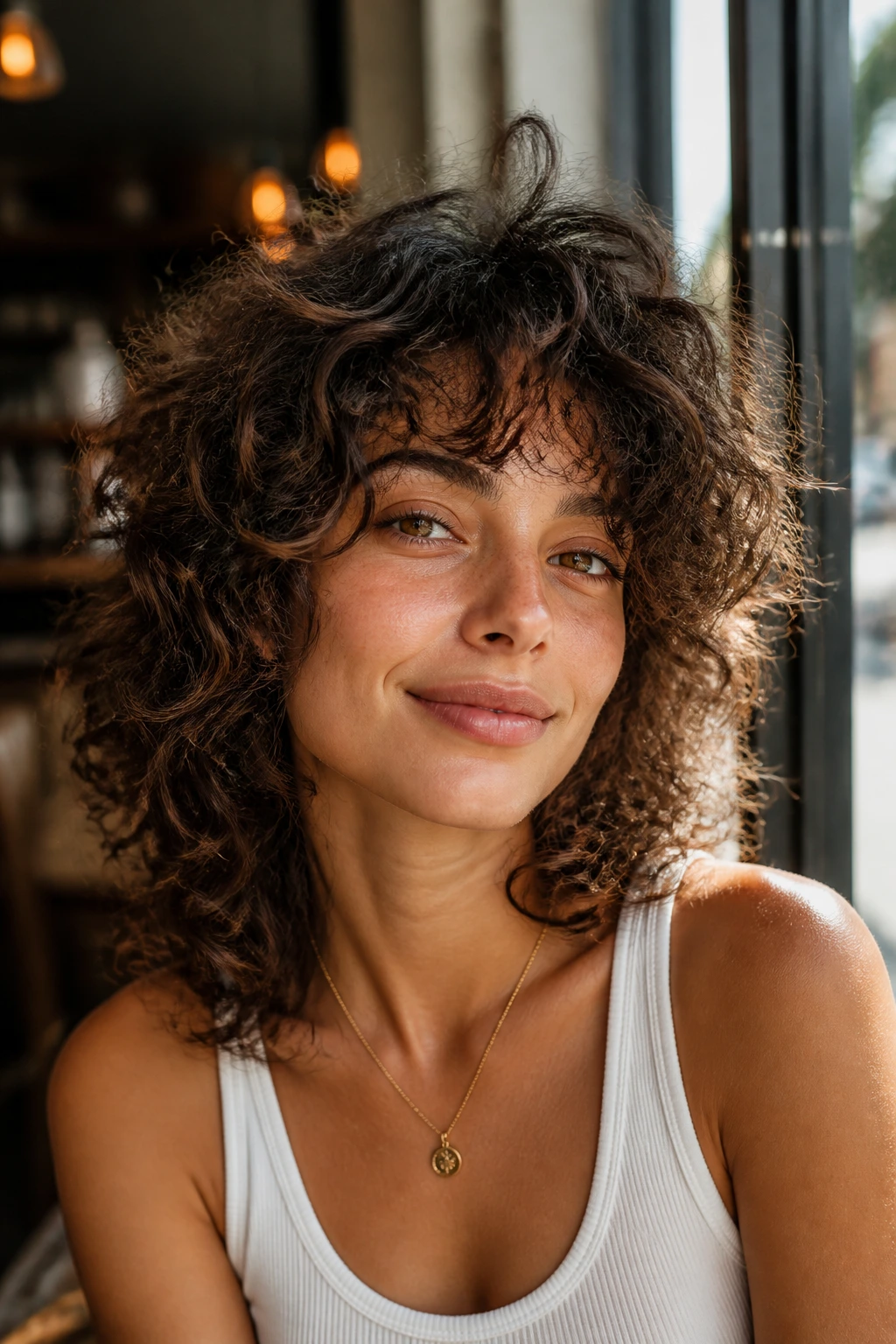 Close-up portrait of a real woman with curly shag hairstyle and fringe in a sunlit cafe setting