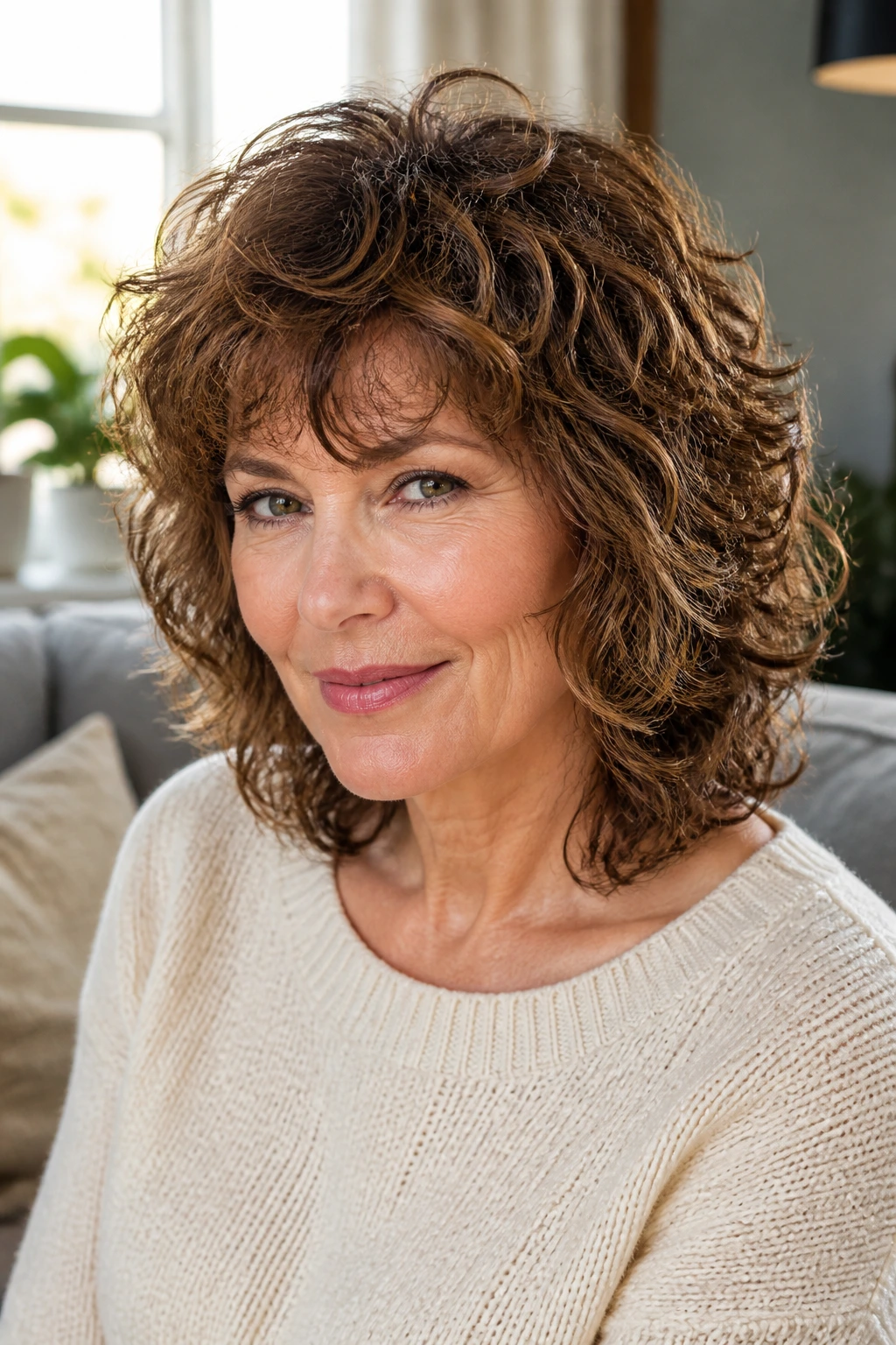Close-up portrait of curly shag with crown layers on a real woman in a sunlit living room