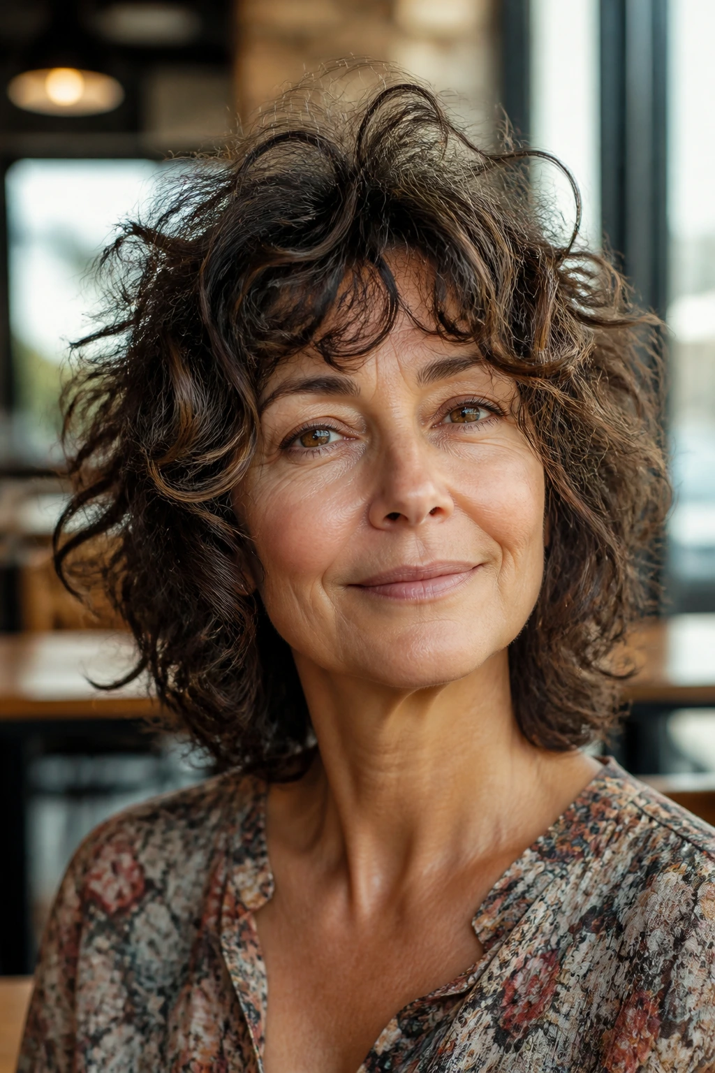 Real woman with curly shag showing crown lift and texture