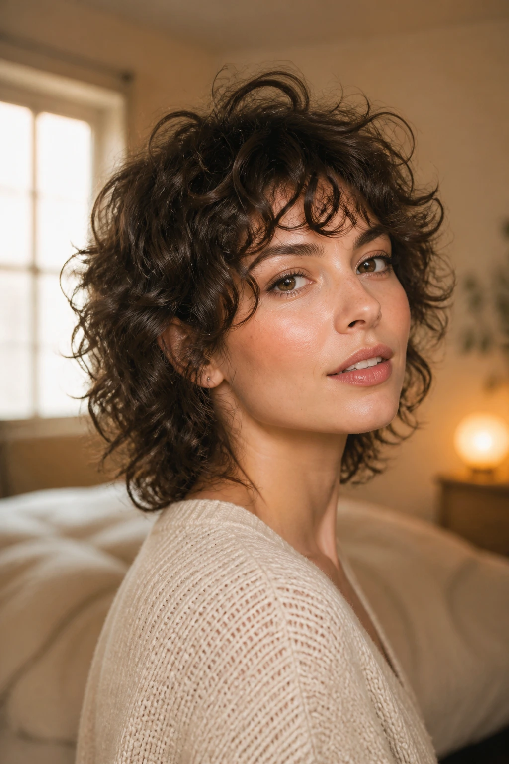 Close-up of real person with Curly Shag showing crown lift in soft window light