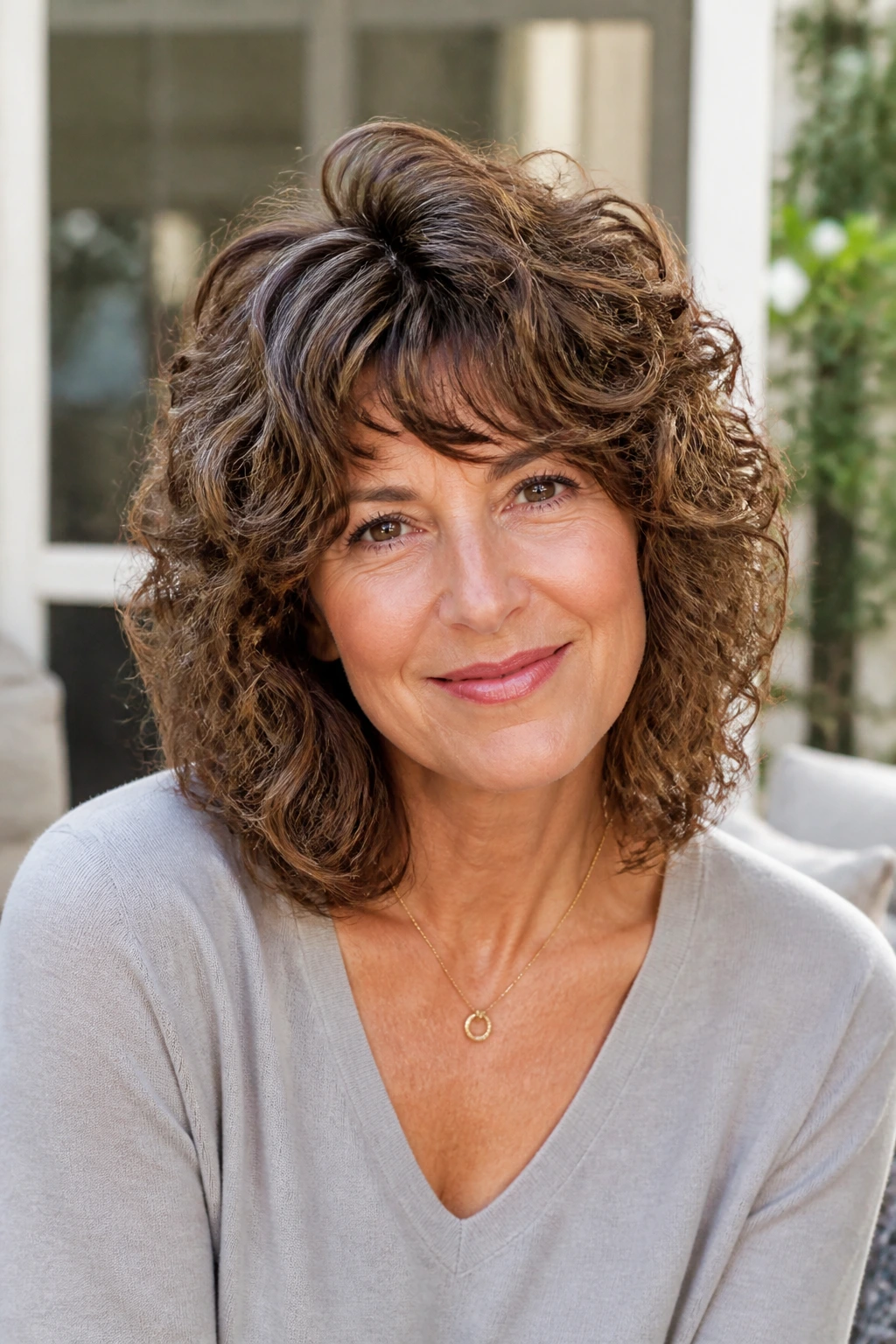 Close-up of a woman with curly midlength shag and lifted crown.