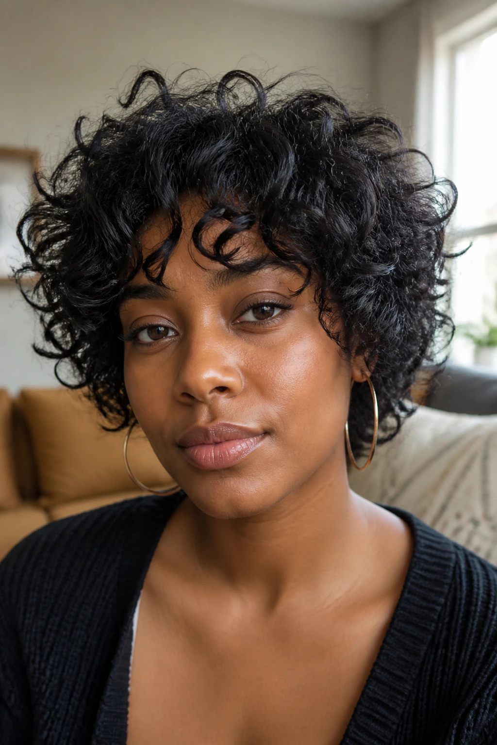 Close-up portrait of a real Black woman with short curly shag and curtain bangs in natural window light