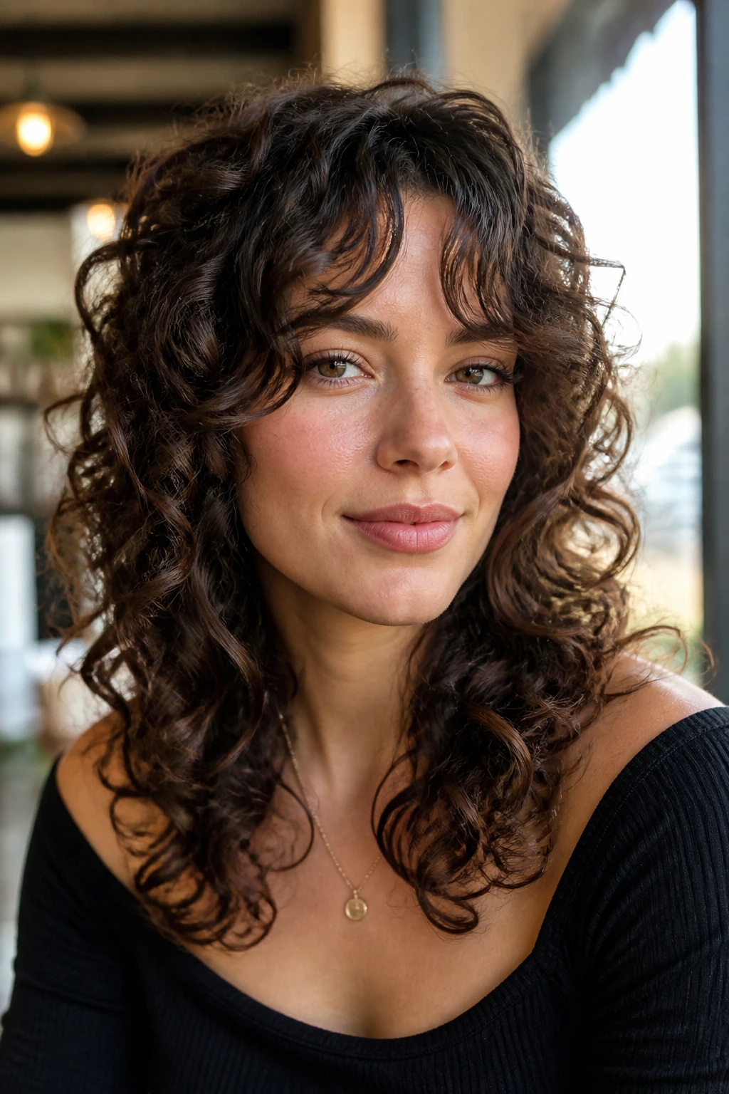Real woman with curly shag and curtain bangs by a cafe window in daylight