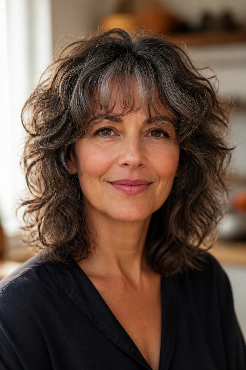 Close-up of a woman with curly shag and curtain bangs