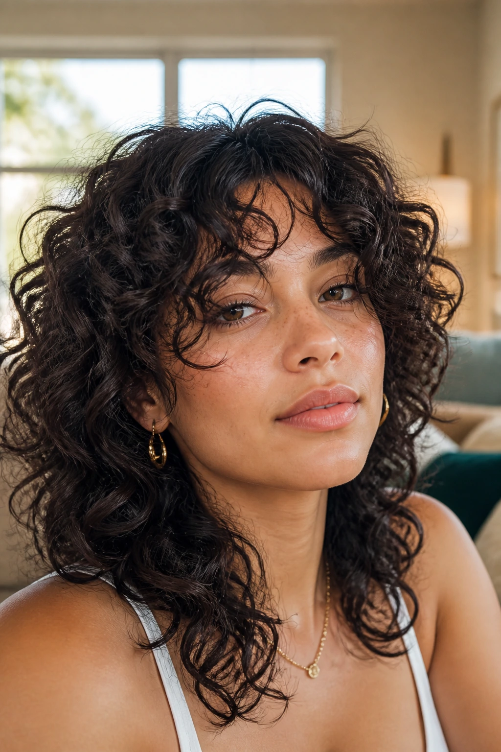 Close-up of a real woman wearing Curly Shag with Curtain Bangs in warm window light