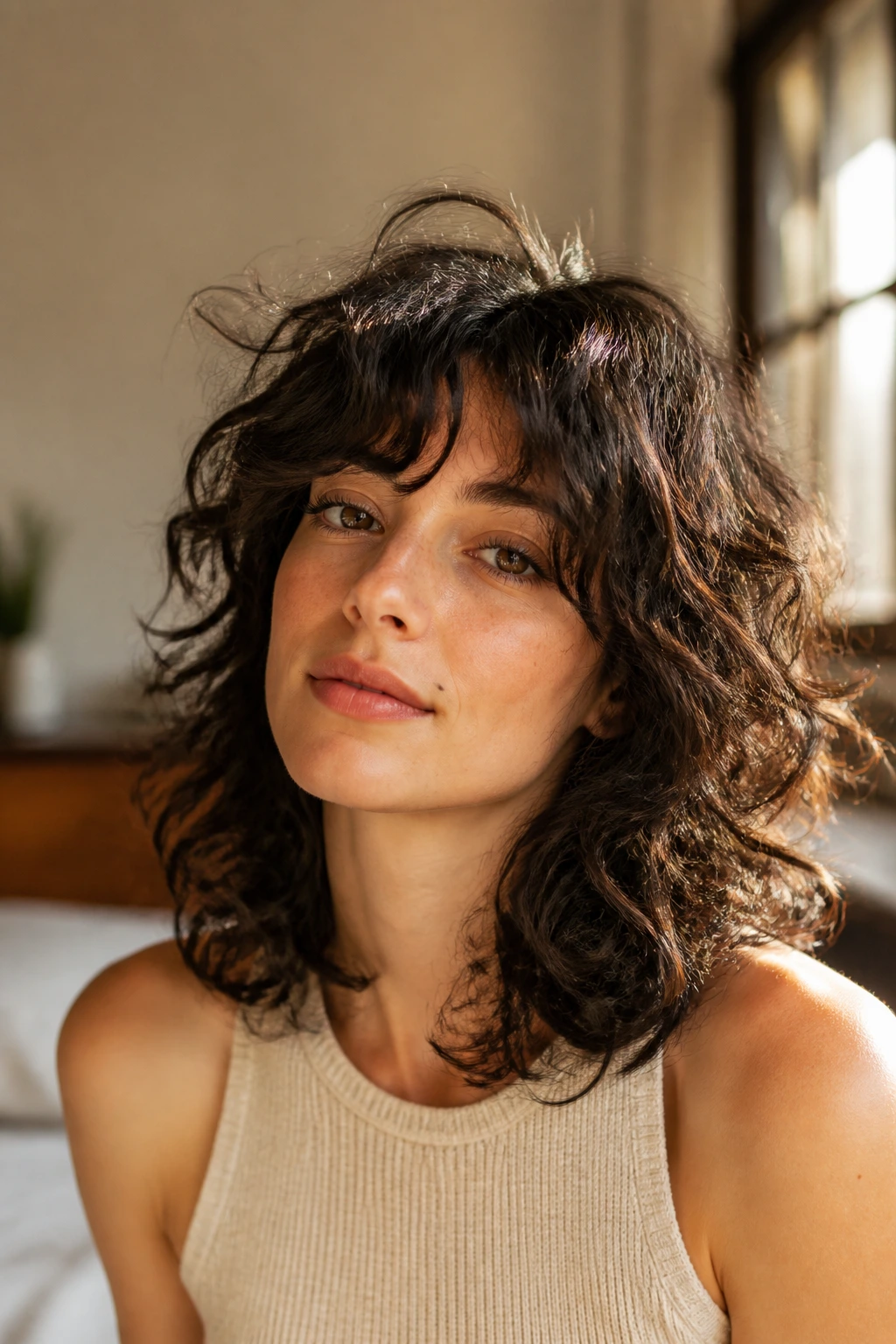 Close-up portrait of a real woman with curly shag and curtain bangs in warm window light.
