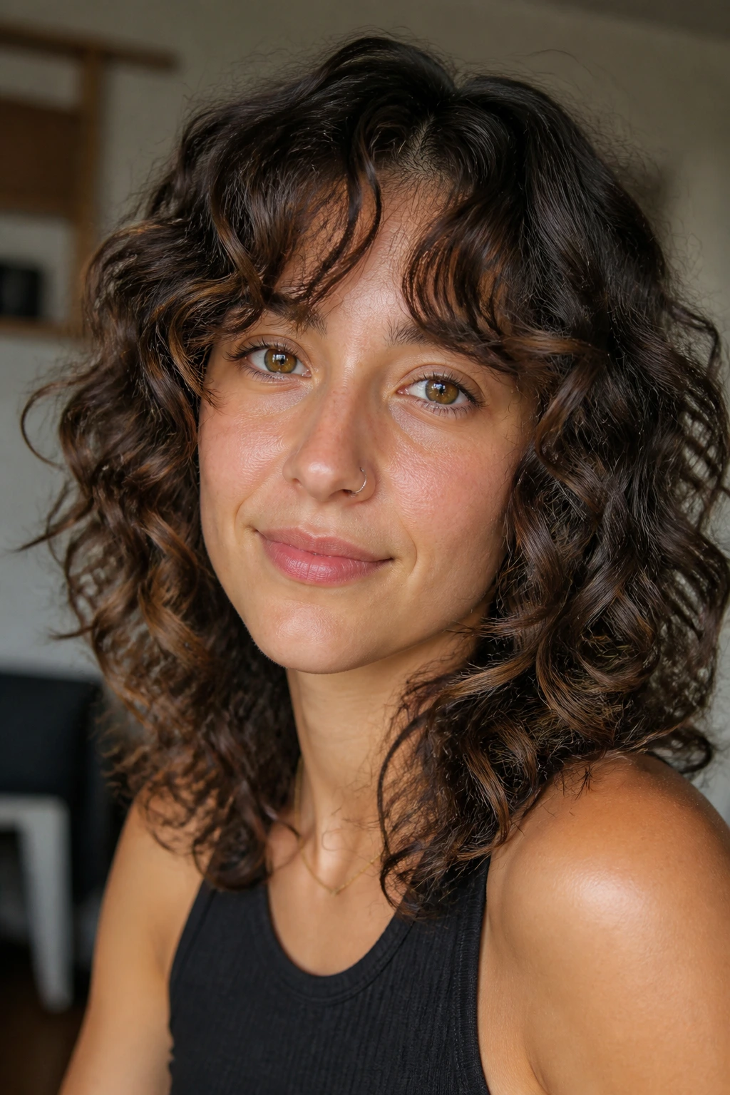 Real person with curly shag and curtain bangs, showing movement around the temples