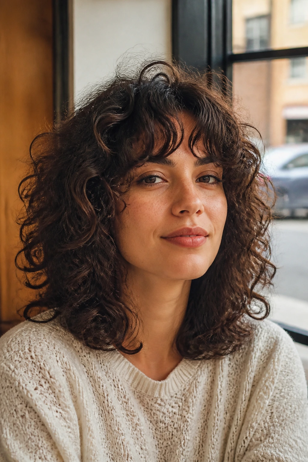 Close-up of a real person with curly shag and curtain bangs