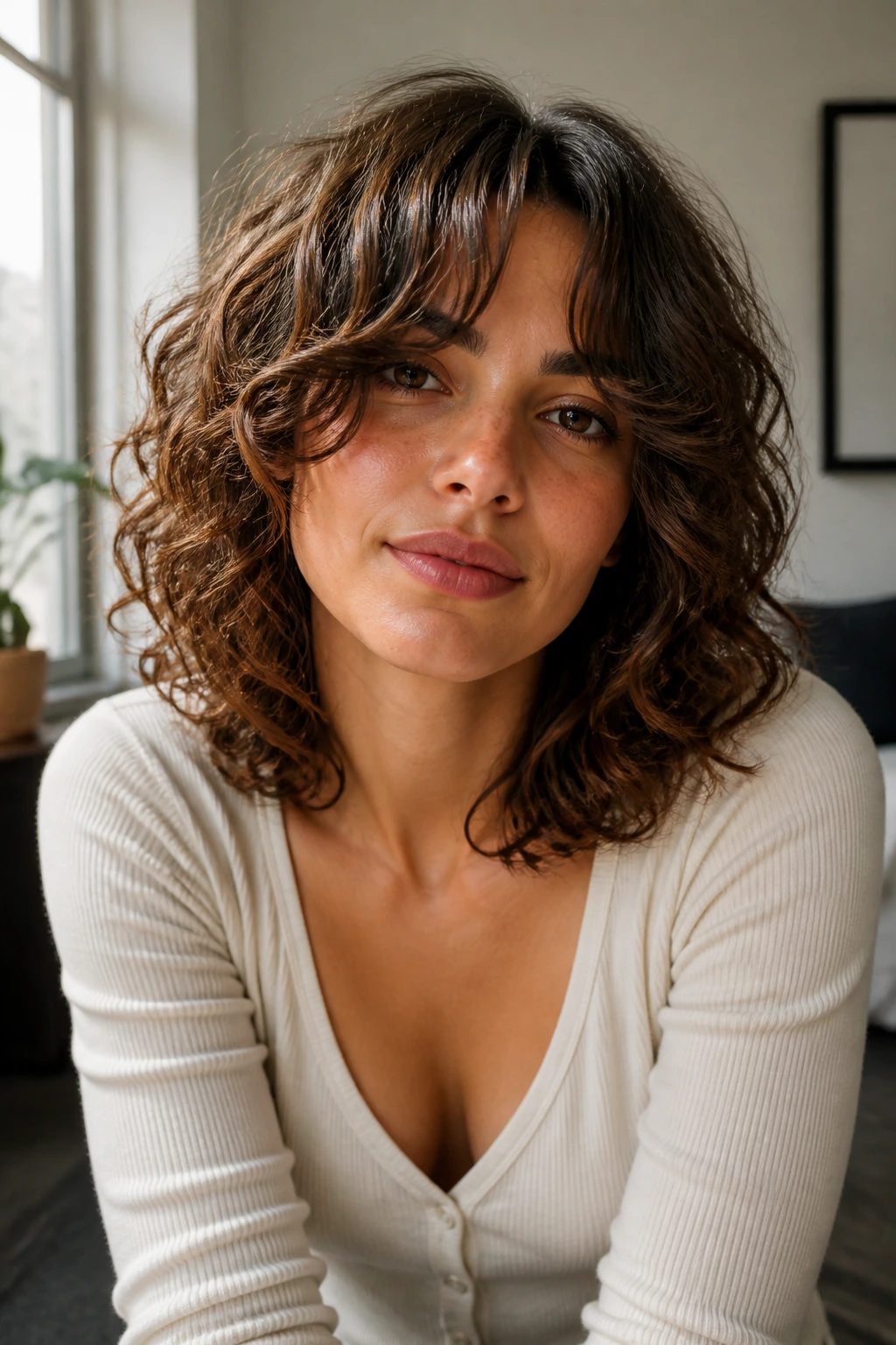 Close-up of a real woman with curtain bangs and shoulder-length curly shag