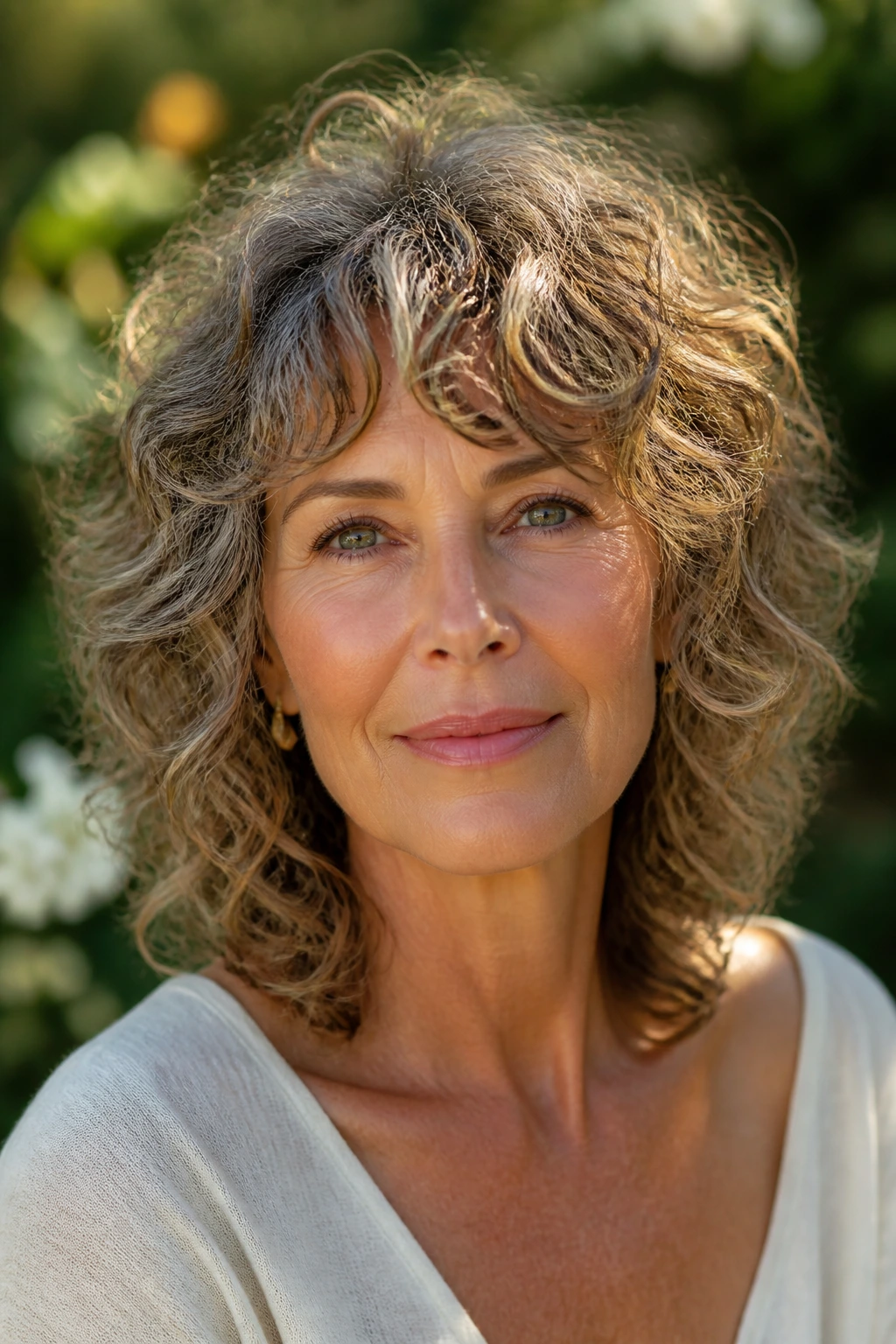 Close-up of curly hair with dry-cut layers in natural outdoor light