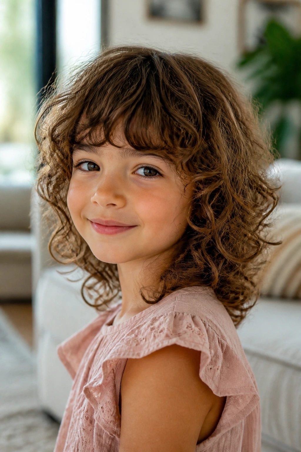 Girl with curly shag and eyebrow-skimming bangs close-up