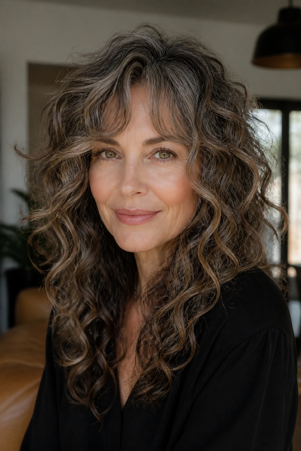 Real woman with curly shag and face-framing pieces looking at camera