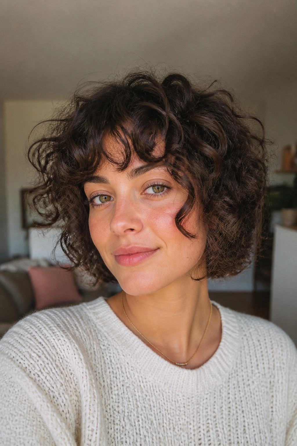 Real woman with curly shag and face-framing layers, cheekbone-length framing
