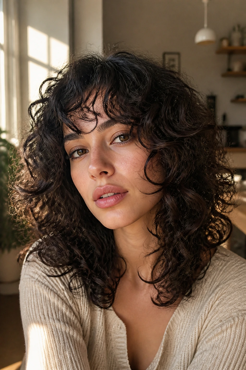 Close-up portrait of a real woman with curly shag and face-framing layers