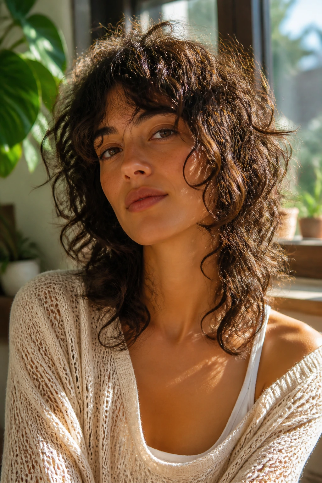 Portrait of a woman with curly shag and face-framing layers