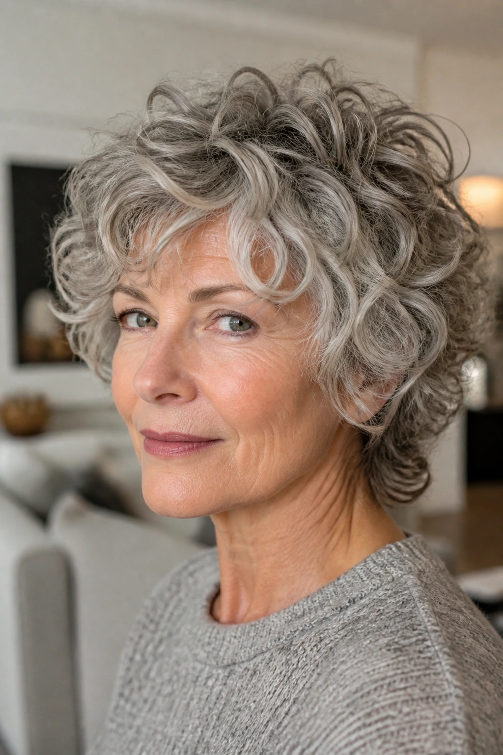 Close-up of a real woman with a tapered curly shag for fine hair in a cozy living room