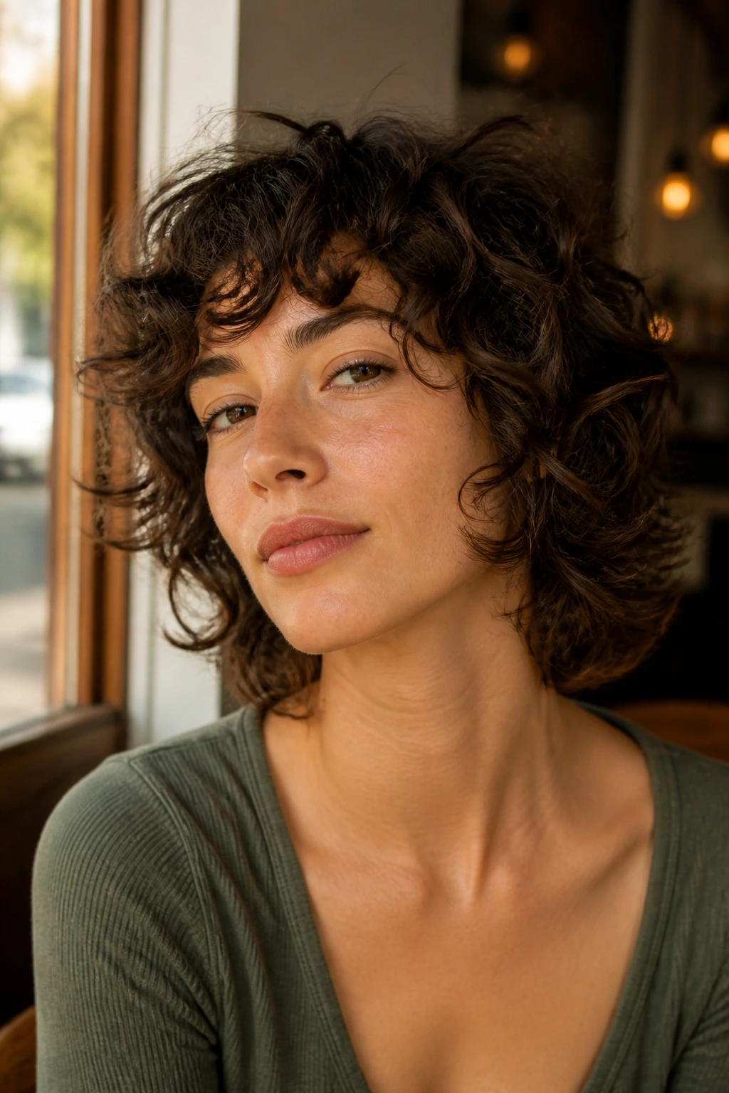 Close-up of real person with Curly Shag With Soft Flip-Out Ends showing outward flip at ends