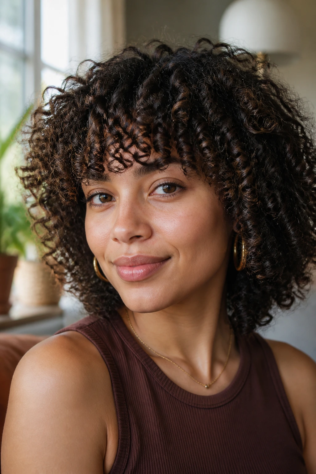 Close-up portrait of a real person with Curly-Coily Shag With Springy Fringe, springy curls at the forehead