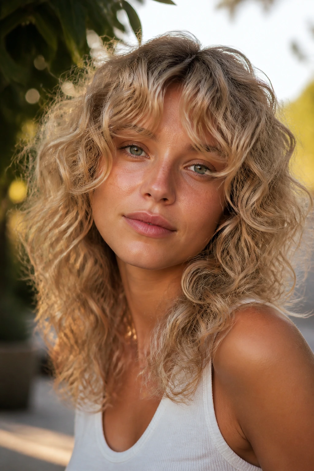 Portrait of a real person with sandy blonde curly shag and curtain fringe