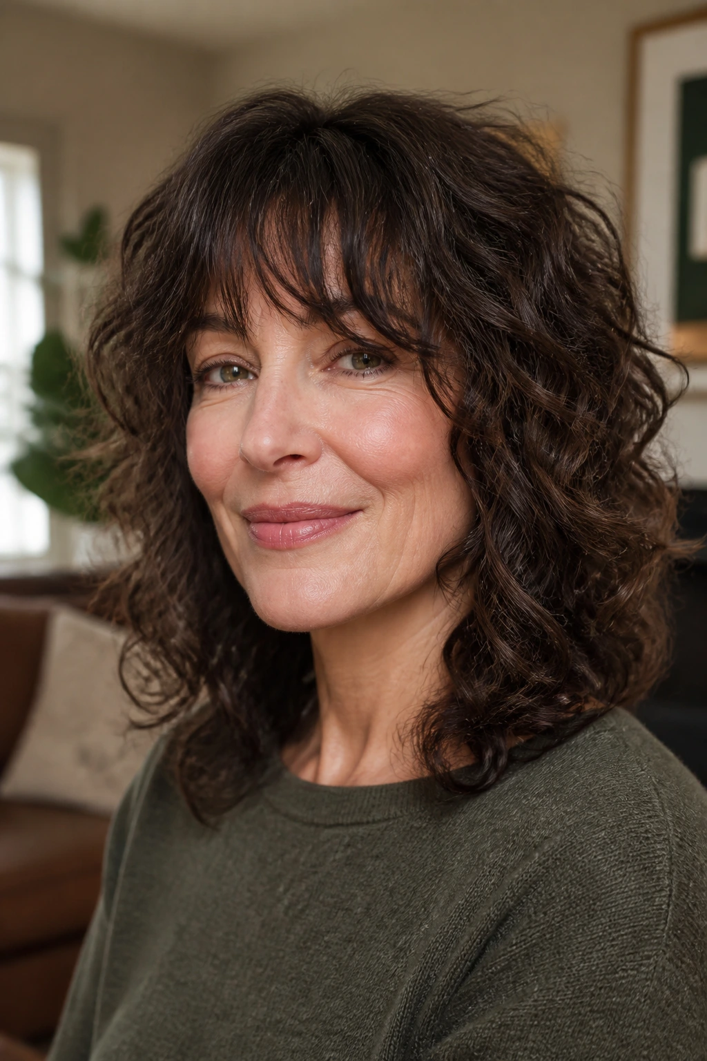 Portrait of a real woman with curly shag and soft fringe.