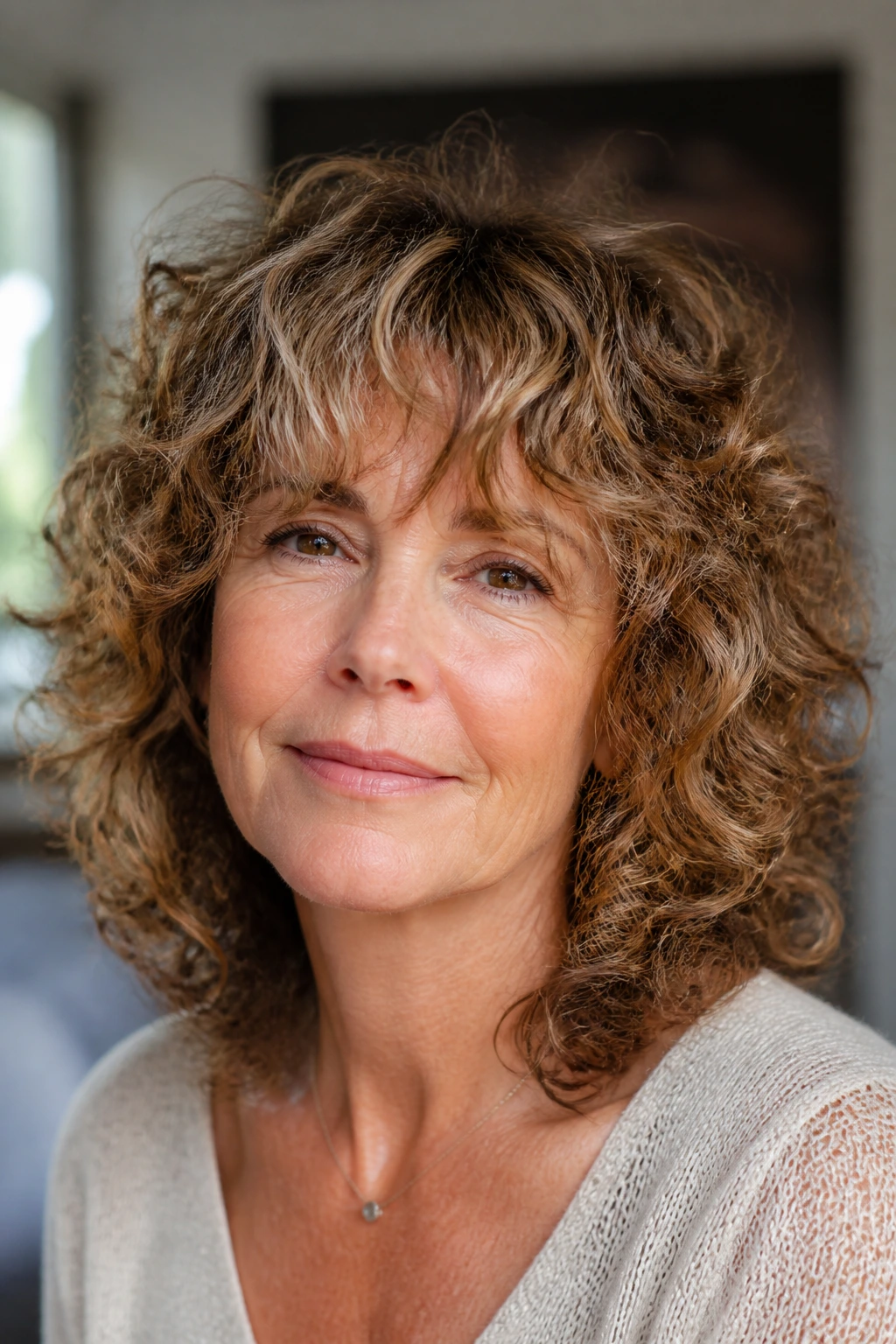 Close-up of a real woman with soft curly shag and light fringe