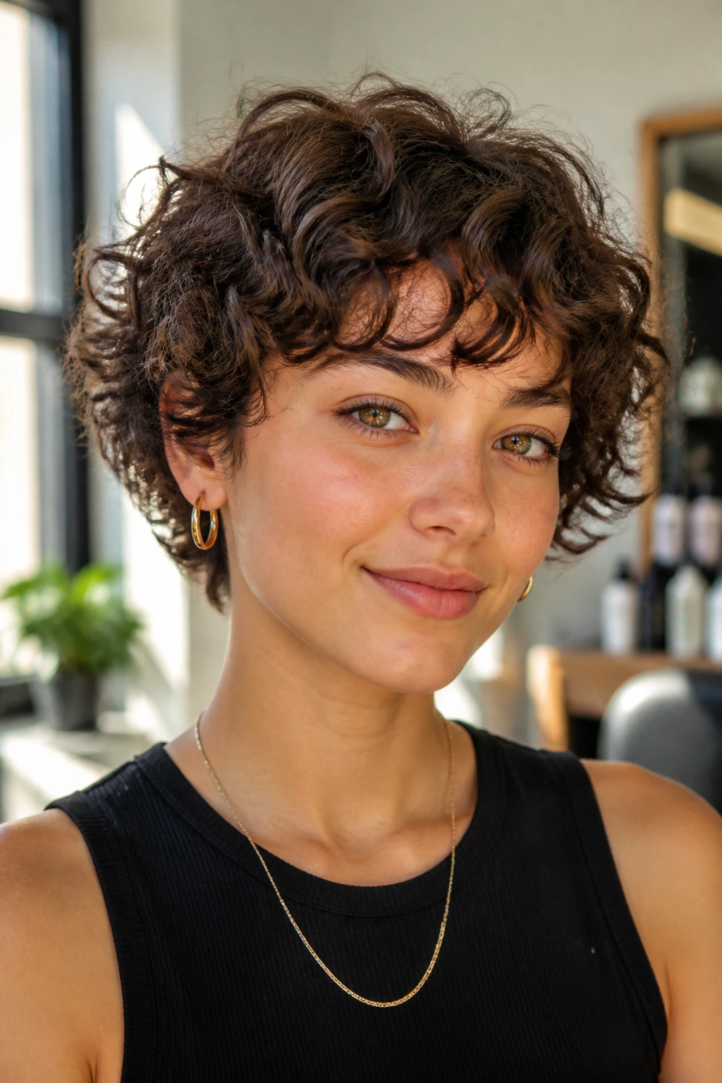 Close-up portrait of a real woman with a curly shag fringe on a short crop