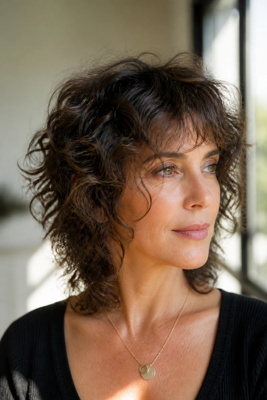 Real woman with curly shag and airy face framing around cheeks in warm natural light