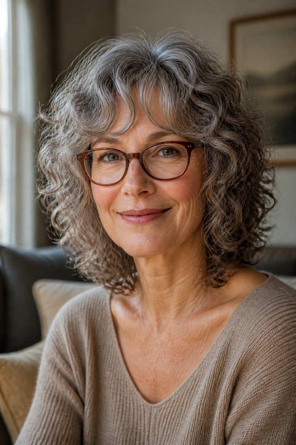 Old woman with curly shag hairstyle framing glasses; natural light portrait