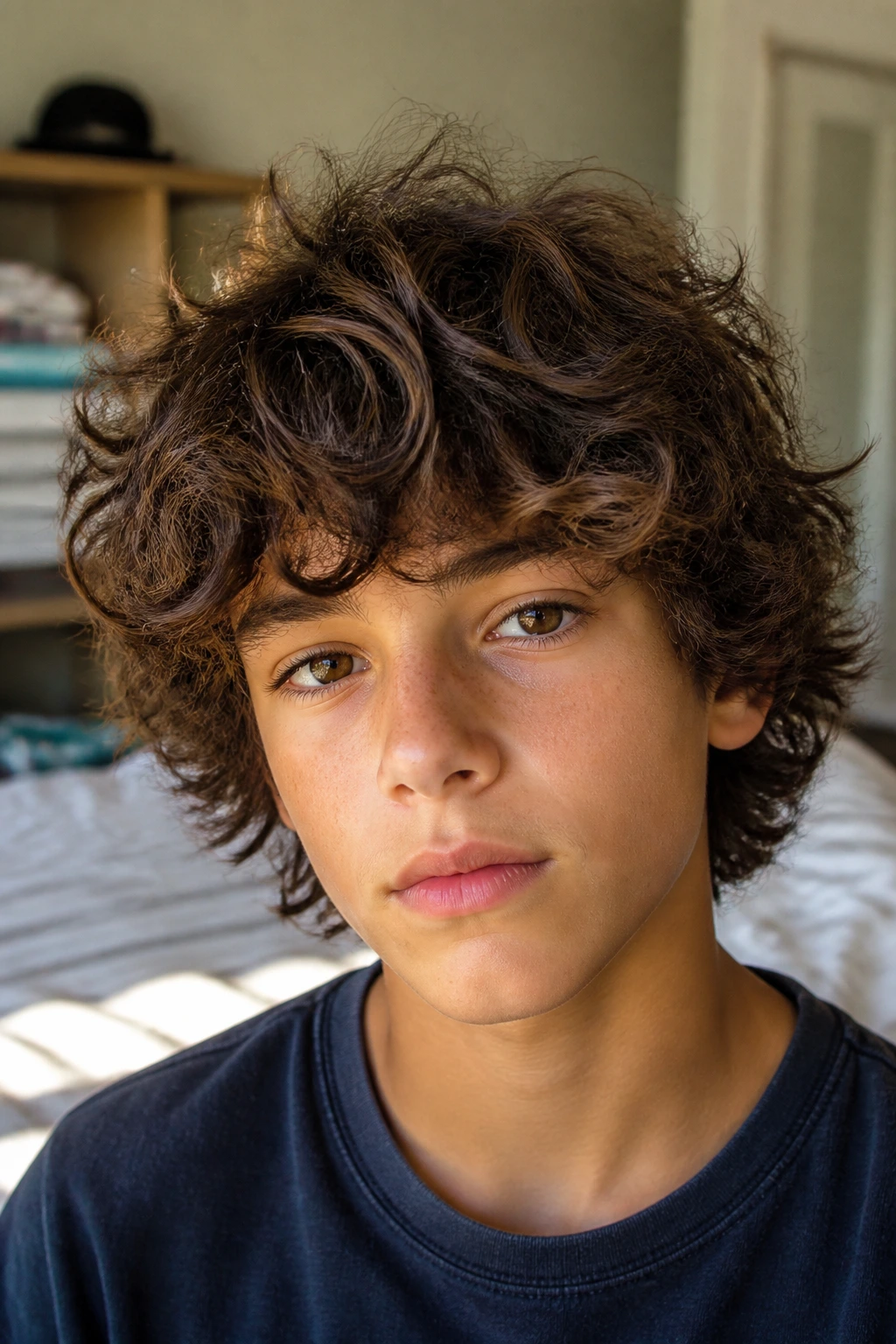 Close-up of a real boy with Curly Shag haircut in a sunlit bedroom